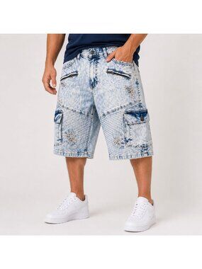 Affliction Hunter Cargo Denim Shorts Men’s Size 42 Acid Wash Distressed Grunge